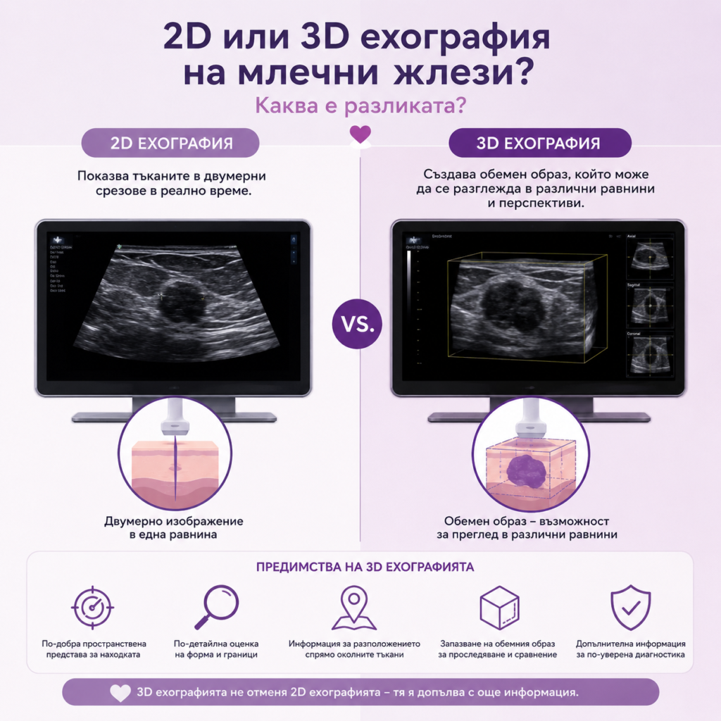 В МЦ „АЯ“ разполагаме с възможност за извършване както на 2D, така и на 3D ехография на млечни жлези – според индивидуалната необходимост при всяка пациентка.